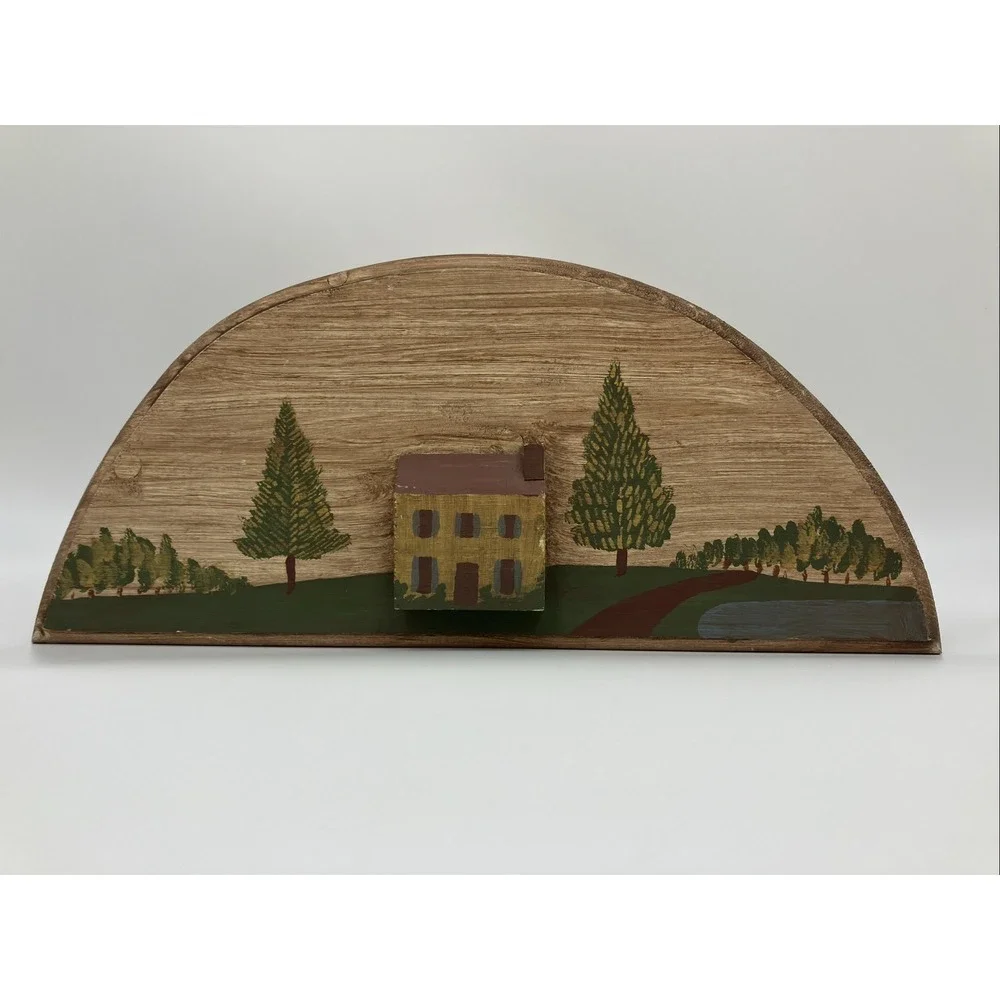 Hand Painted Half Moon Country Scene‎ Wooden Wall Hanging Primitive 3D Folk Art